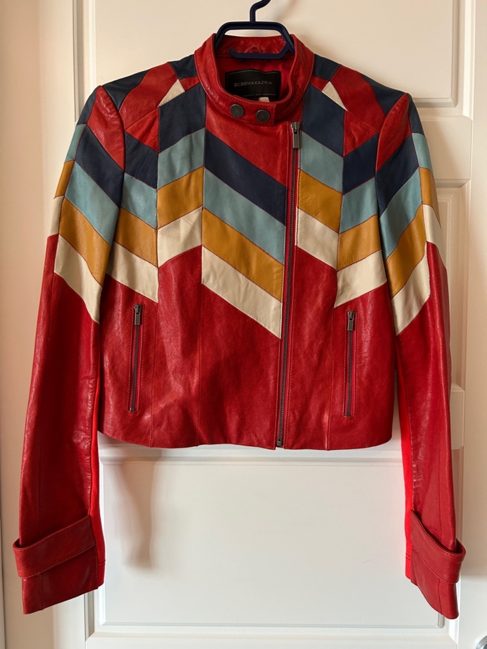 BCBGMaxAzria Red Chevron Panel Leather Jacket